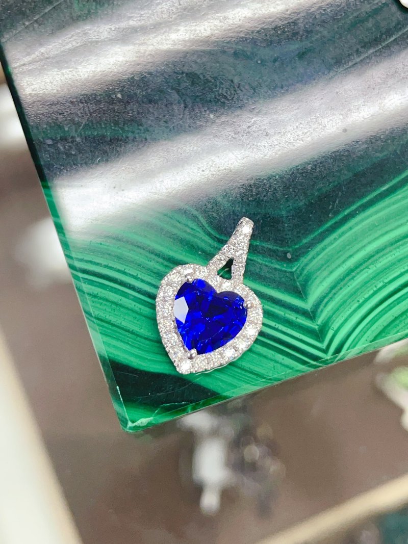 纯银 925 心形配肉蓝宝石吊坠连颈链 - 项链 - 纯银 蓝色