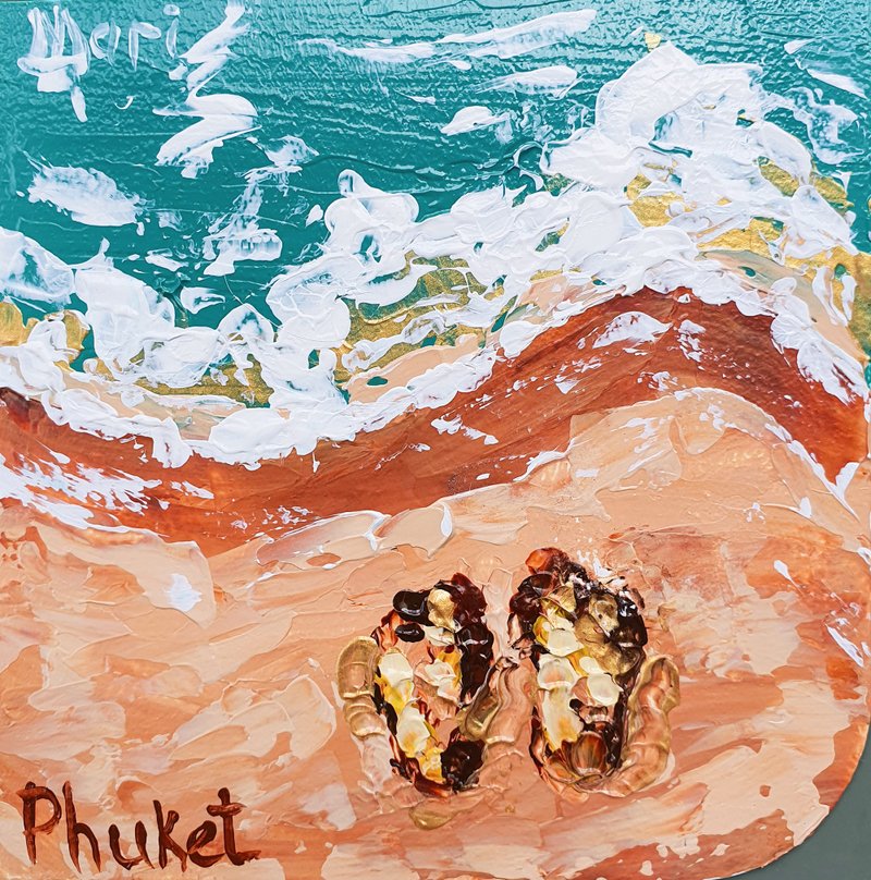 Beach Painting Footprints Sand Original Art Seascape Holidays Barefoot Wave Sea - 海报/装饰画/版画 - 其他材质 蓝色