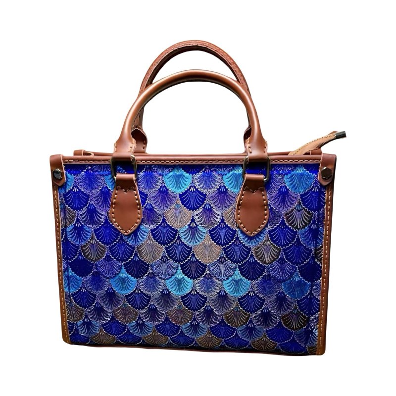 湛蓝锦浪 织锦缎托特包 手工真皮包 皮革手提包 手提袋 接单订制 - 手提包/手提袋 - 真皮 蓝色