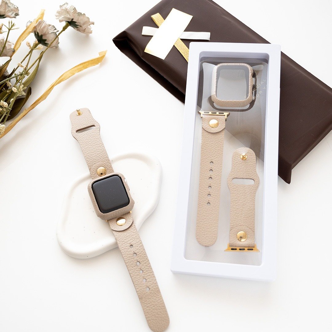 AppleWatch 表带 保护壳组合【 缩纹皮革 】 本革 无镍 简约 表带 手表 Apple Watch 礼物 HW01K - 表带 - 真皮 咖啡色