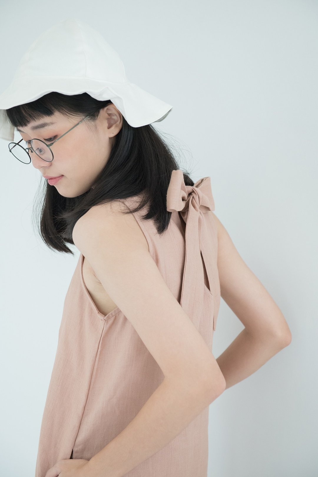 Salmon Pink Big Bow Linen Dress - 洋装/连衣裙 - 亚麻 粉红色