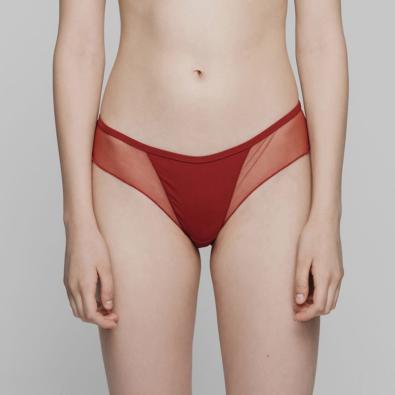ornoir.co 红色Cheeky半包臀纱网拼接纯绵内衬荷叶边少女内裤 - 女士内衣裤 - 聚酯纤维 红色