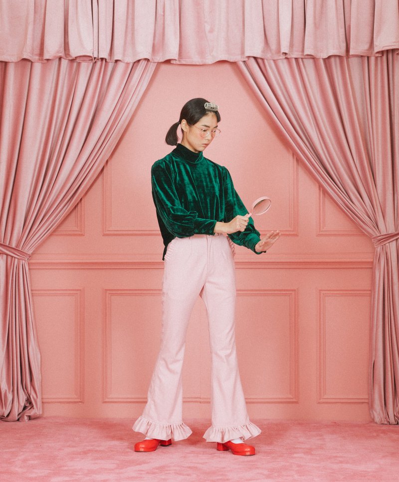 羊毛呢荷叶边喇叭裤 - 女装长裤 - 羊毛 绿色