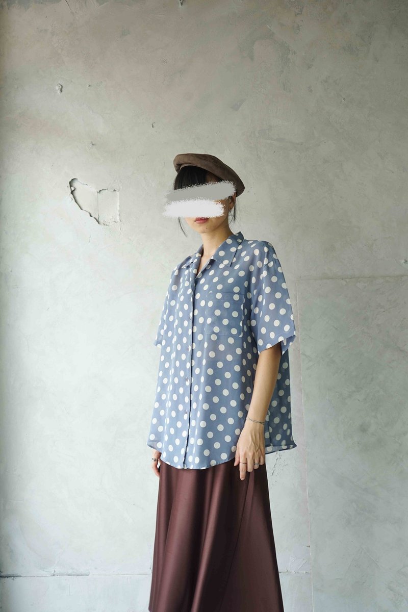 寻宝古着-蓝天白云圆点透肤雪纺复古衬衫 - 女装衬衫 - 聚酯纤维 蓝色