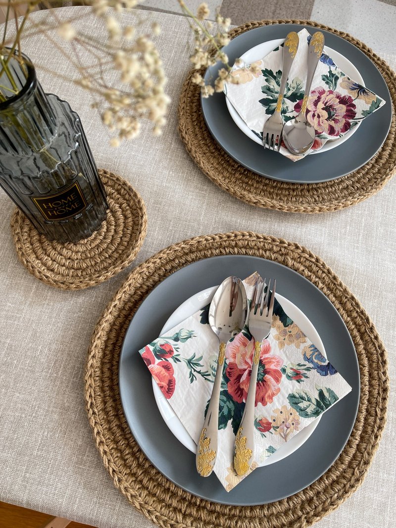 钩针编织北欧风格餐垫 圆形黄麻餐巾 - 餐垫/桌巾 - 棉．麻 咖啡色