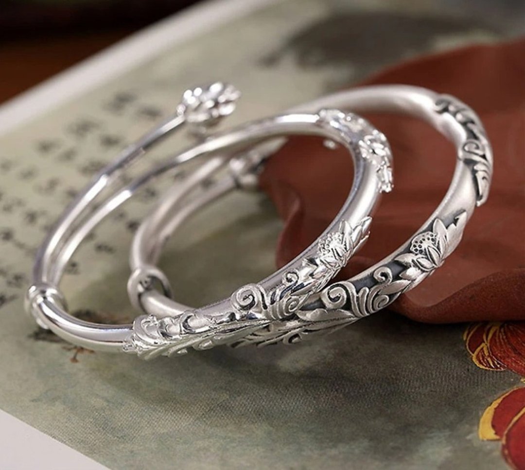 100% Real 999 Pure Silver Bangles for Women Thai Silver Lotus Bangle Adjustable - 手链/手环 - 纯银 银色