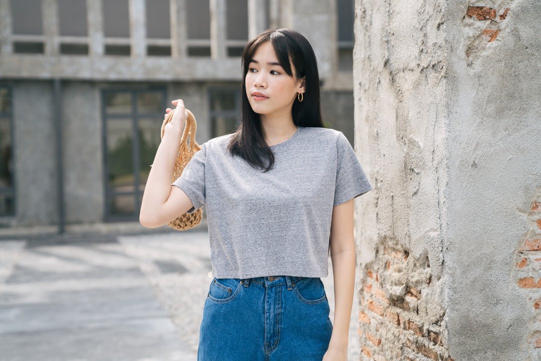 Crop Top - 女装 T 恤 - 棉 灰色