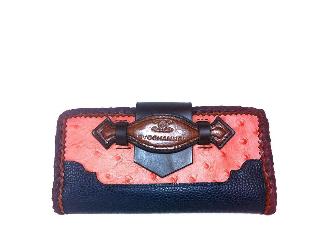 Embossed ostrich French flap long wallet / long wallet - 皮夹/钱包 - 真皮 粉红色