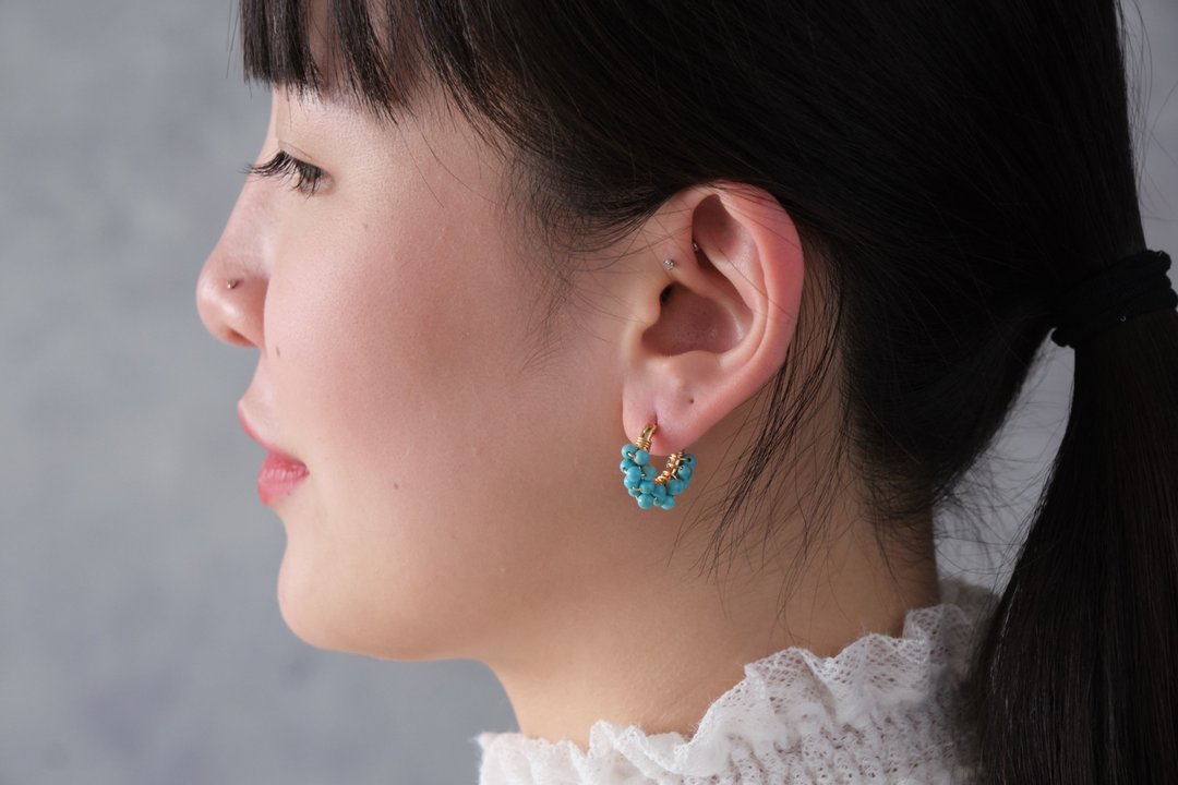 HappyCircle1.5cm│绿松石裙摆款 - 耳环/耳夹 - 半宝石 绿色