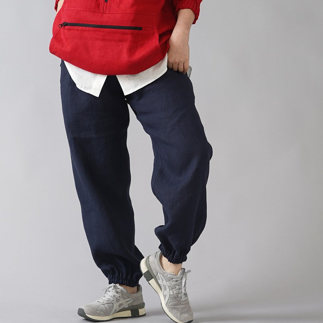 wafu --Midweight Linen Monpe Pants / Navy b005d-neb2 - 中性裤装 - 亚麻 蓝色
