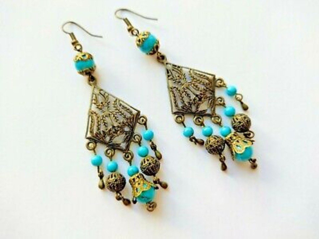Turquoise Bohemian Chandelier Earrings Dangle Beaded Earrings Blue Statement - 耳环/耳夹 - 其他材质 蓝色