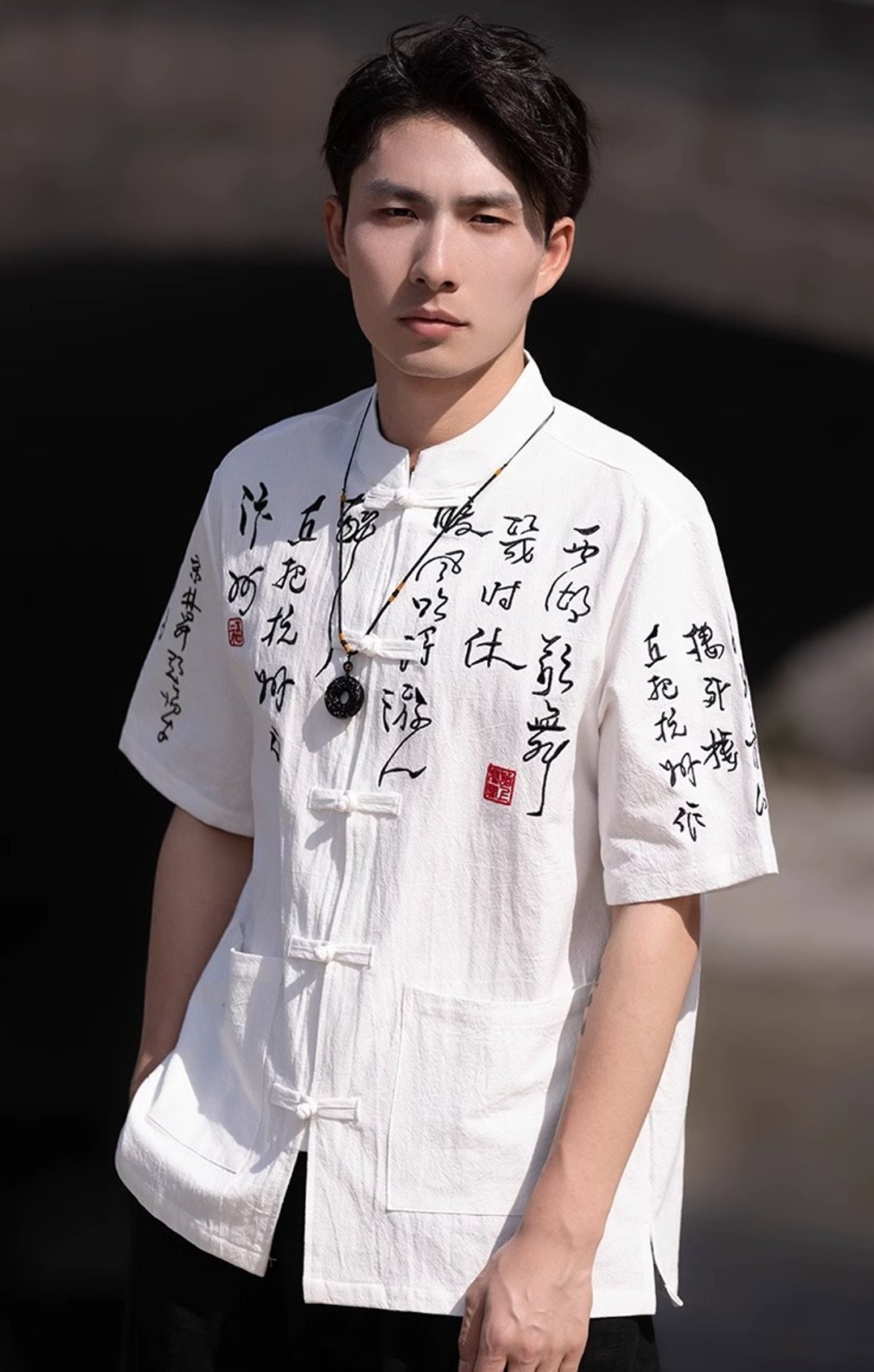 新中式复古 书法盘扣立领短袖衬衫 - 男装衬衫 - 其他材质 白色