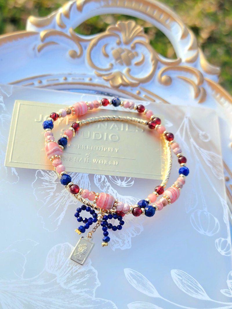 法式浪漫香颂 14k金包铜包色浪漫魅力双圈设计款手链天然水晶红纹 - 手链/手环 - 水晶 粉红色