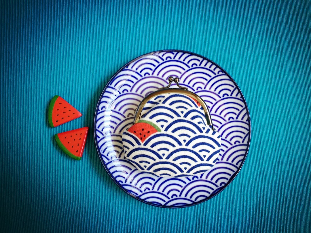 夏日海浪西瓜小口金包(附吊饰) - 零钱包 - 棉 蓝色