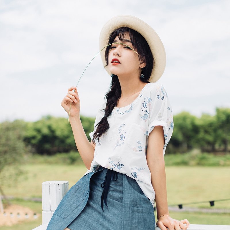 安妮陈2017夏装新款女士印花口袋短款T恤 - 女装 T 恤 - 棉．麻 白色