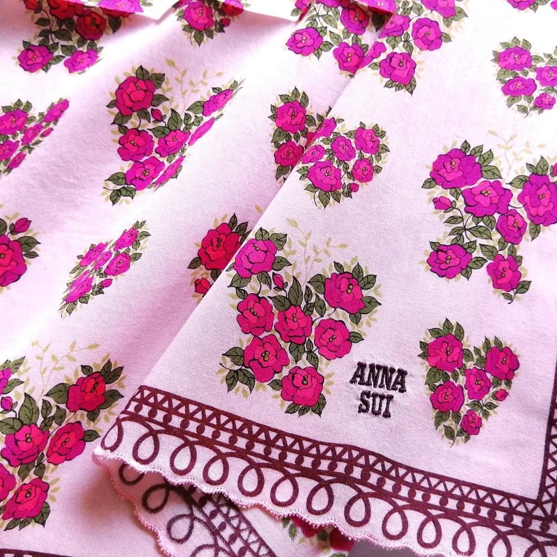Anna Sui Vintage Handkerchief Floral Roses 18.5 x 18.5 inches - 丝巾 - 棉．麻 粉红色