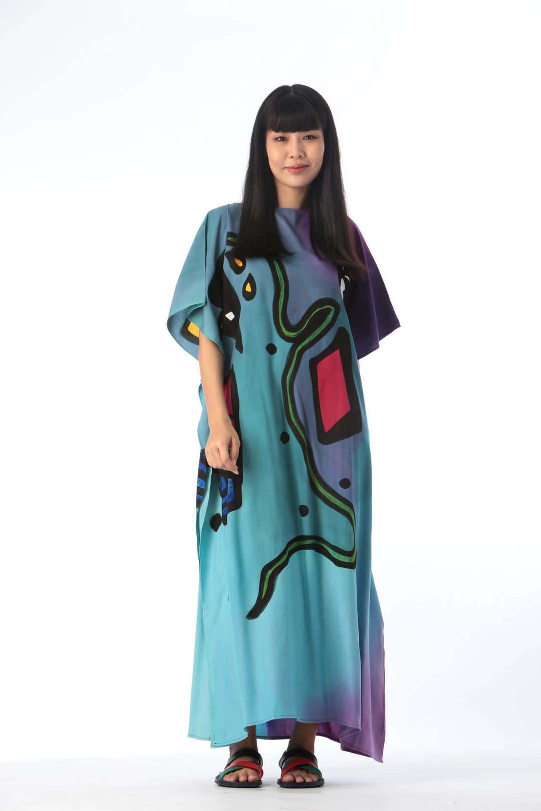 Hand Painted Cotton Silk Kaftan for Summer Resort Vacation F - 洋装/连衣裙 - 棉 蓝色