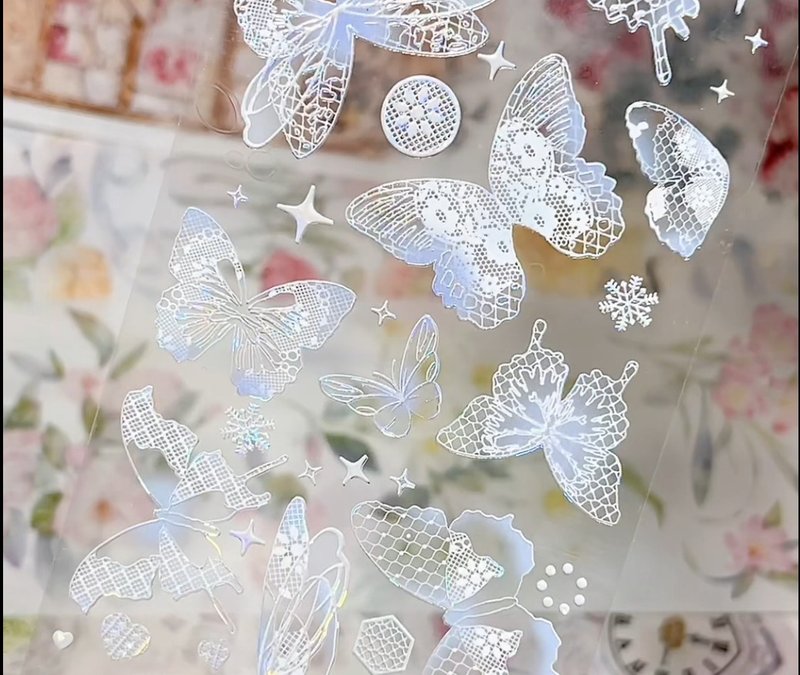 OKMT新七天原创流麻咕卡贴纸PET手帐手账胶带贝壳光工艺 蝴蝶纷 - 纸胶带 - 塑料 多色