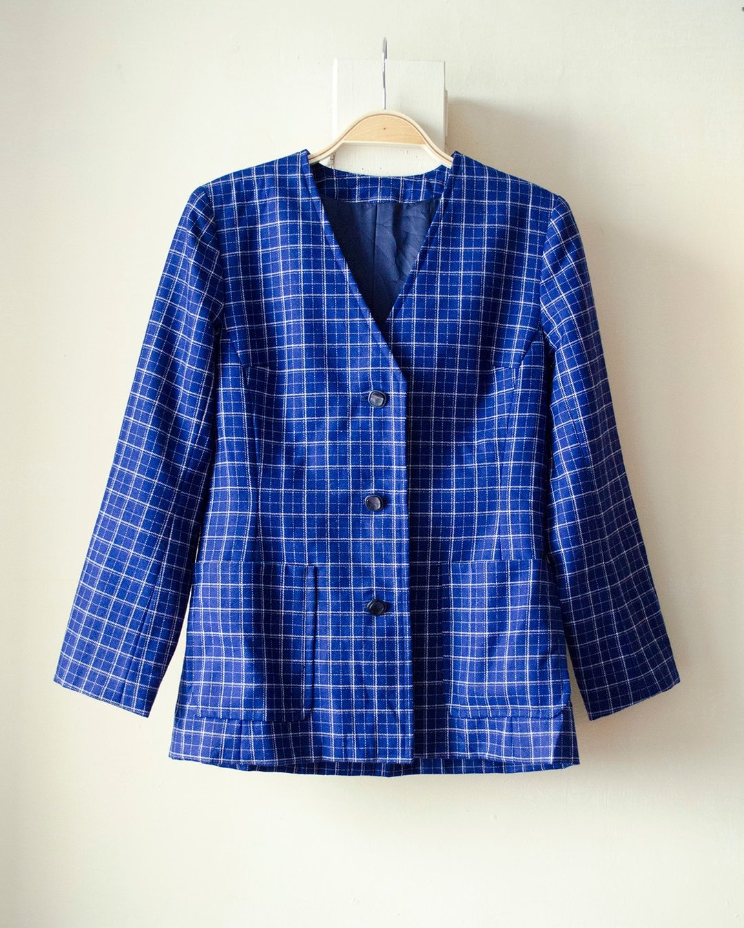 宝蓝小姐.复古细格纹日式V领小外套/西装外套 #Vintage #古着 #莞洱 - 女装西装外套/风衣 - 棉．麻 