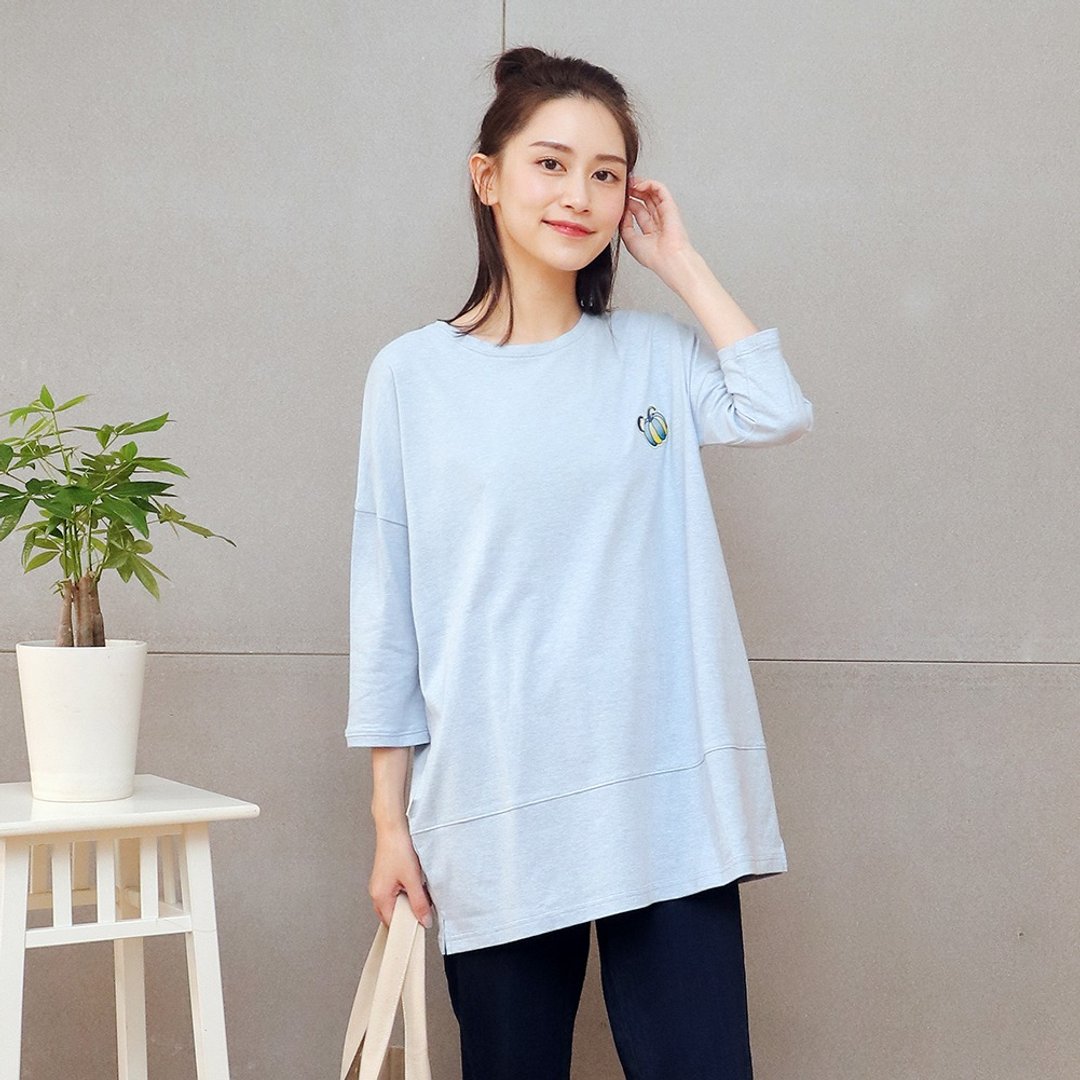 秋装∣MIT有机棉绣标长版上衣(蓝) - 女装上衣 - 棉．麻 蓝色