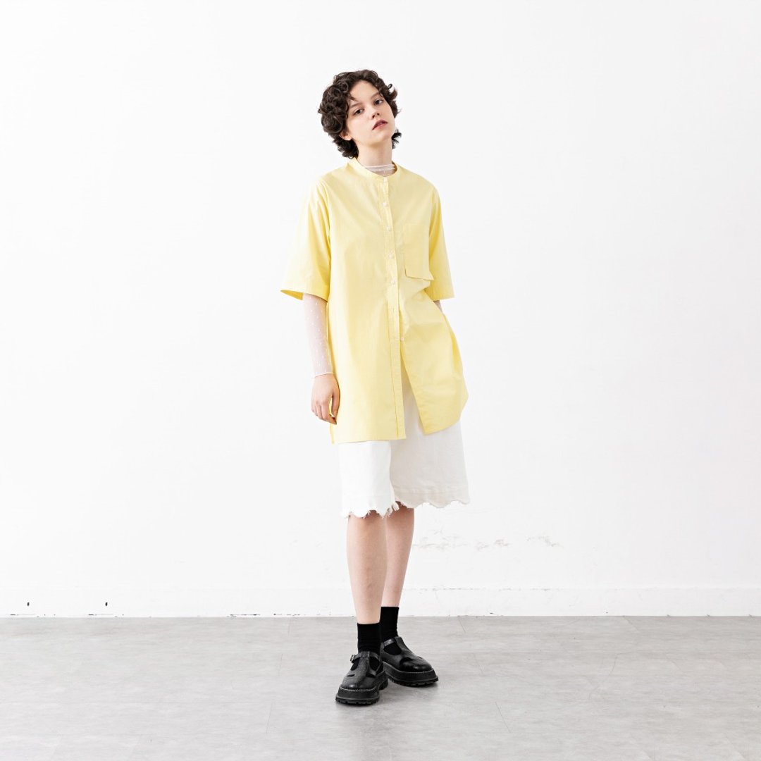 【优惠特卖】慢茶 mcha 男友风 oversize 设计感中长款衬衫淡黄色 - 女装衬衫 - 棉 黄色