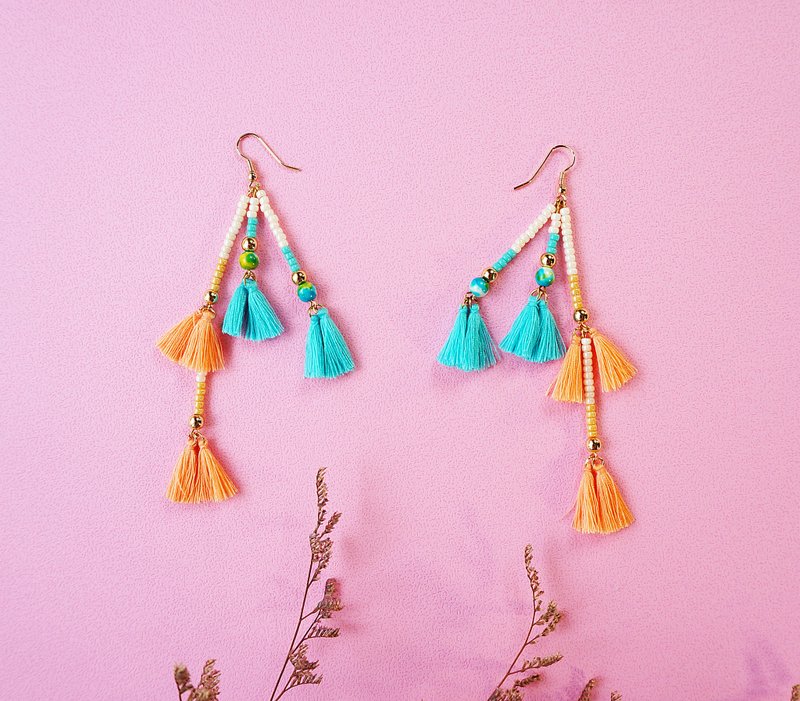 花火-马卡龙 撞色流苏耳环 - 耳环/耳夹 - 绣线 