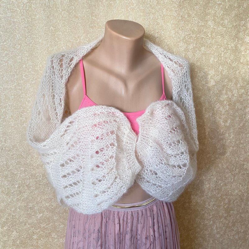 象牙色蕾絲針織披肩馬海毛新娘短上衣婚禮歌劇披風斗篷 - 围巾/披肩 - 羊毛 白色