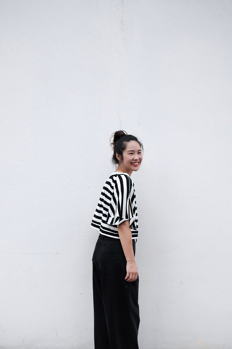黑白条纹 上衣 裙子 - 女装上衣 - 棉．麻 黑色
