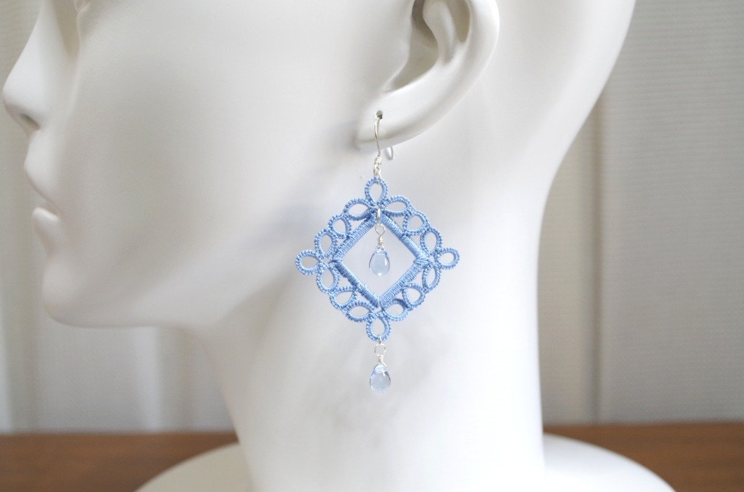 Tatting lace picture frame pierce, sky blue - 耳环/耳夹 - 棉 蓝色
