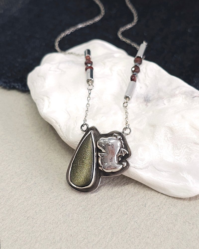 Baby Dino 小恐龙 黑曜石 925银项链 // 独一无二 - 项链 - 银 黑色