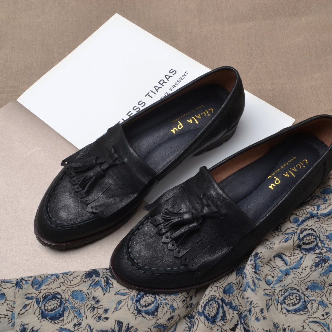 2712 英伦流苏乐福鞋 Loafers 复古黑 - 女款牛津鞋/乐福鞋 - 真皮 黑色