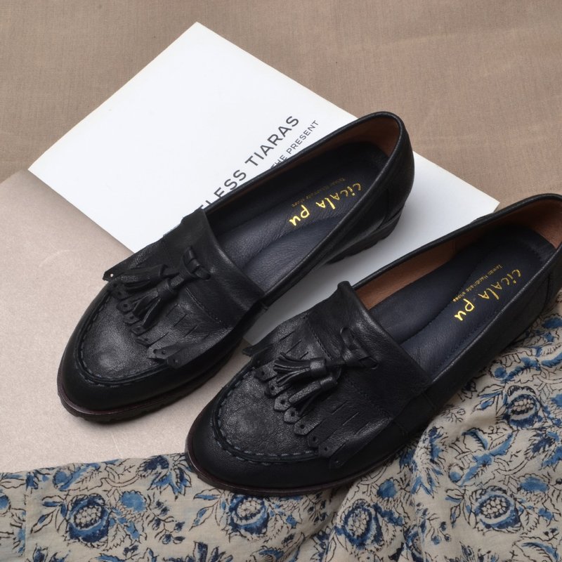 2712 英伦流苏乐福鞋 Loafers 复古黑 - 女款牛津鞋/乐福鞋 - 真皮 黑色