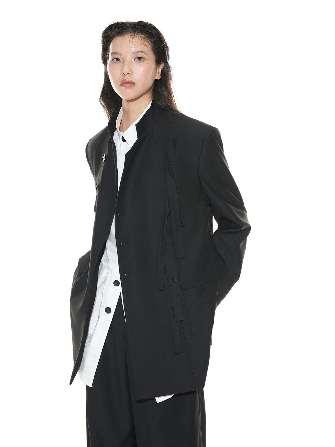 中式立领飘带西装黑色复古中山装男女西服外套 - 女装上衣 - 其他材质 黑色