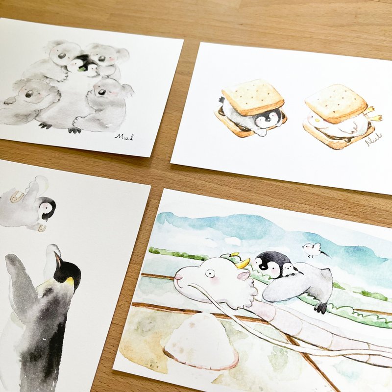 疗愈企鹅 水彩插画明信片套组 - 卡片/明信片 - 纸 多色