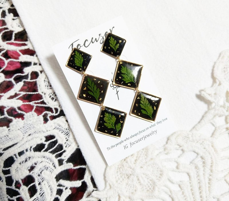 黑色蕨类系列 干燥花耳环  菱形耳环  可改夹 礼物 - 耳环/耳夹 - 树脂 黑色