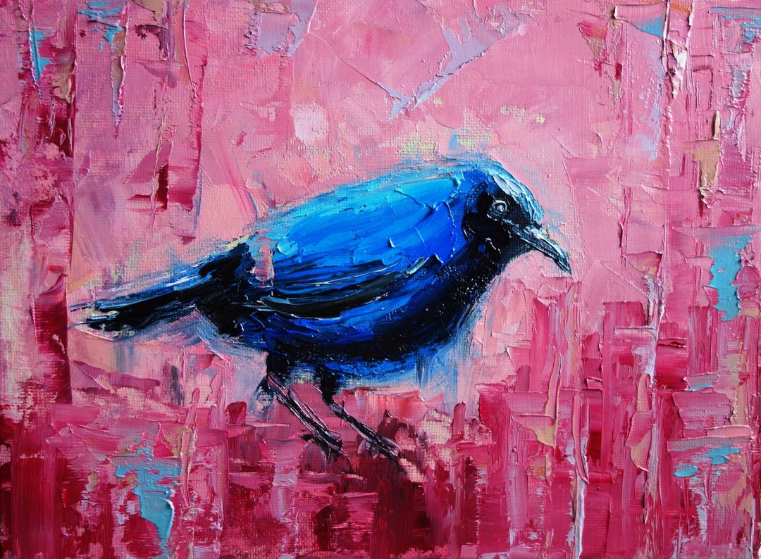 Blue Bird Oil Painting Original Art Bird Artwork Animal Canvas Art - 海报/装饰画/版画 - 其他材质 多色