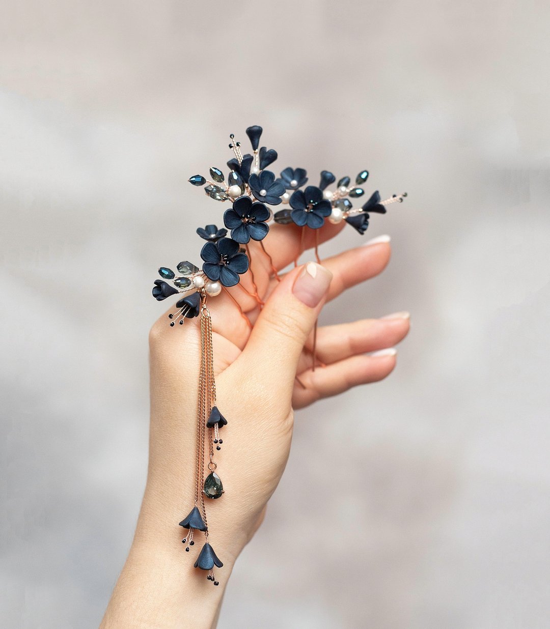 Navy blue set of hair pins, Wedding floral hair piece Bridal rose gold headpiece - 发饰 - 粘土 蓝色
