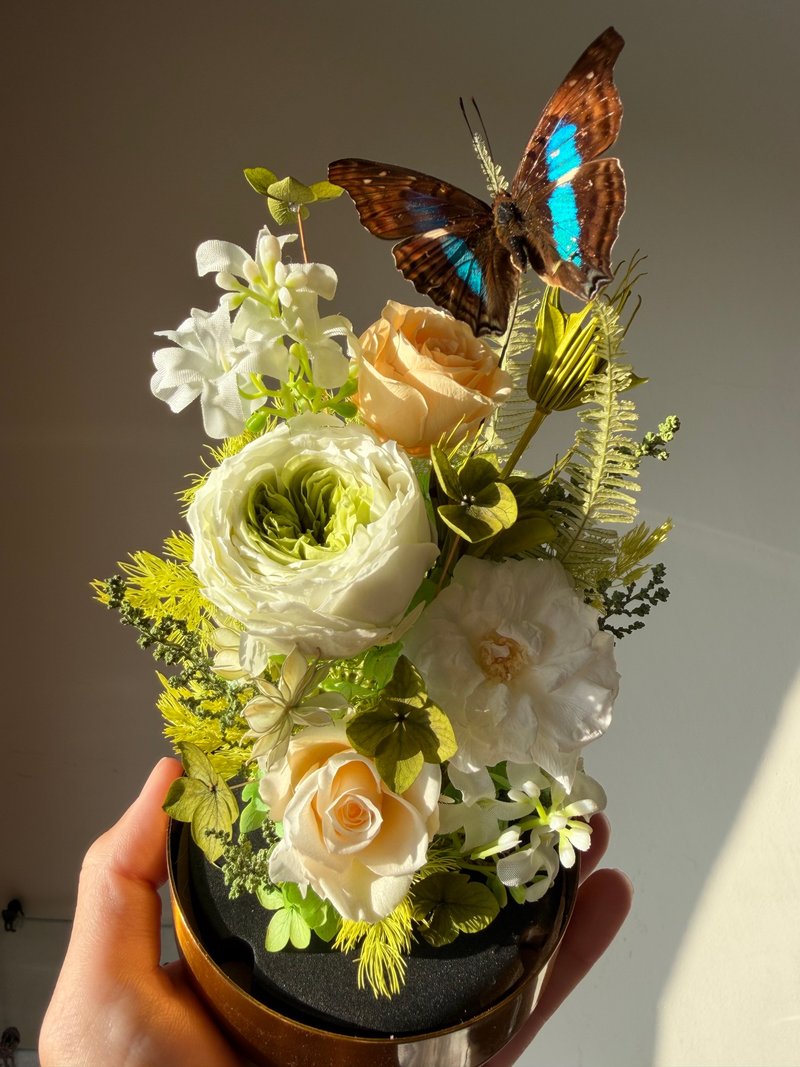 森林蓝宝石-闪蛱蝶永生玻璃花盅。入厝/绿玫瑰/退休/教师节/纪念 - 干燥花/捧花 - 植物．花 绿色