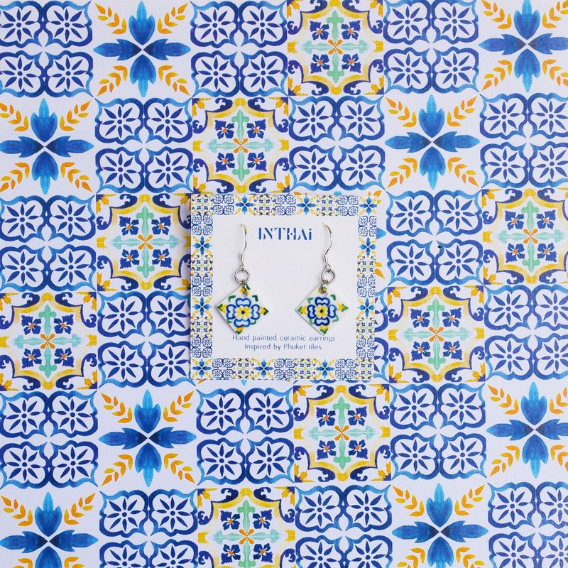 普吉岛瓷砖 01 普吉岛瓷砖陶瓷耳环 - 耳环/耳夹 - 陶 蓝色