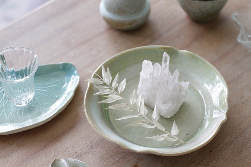 手工浅绿色陶瓷壶承/深盘/烛台/饰品盘/点心盘 - 茶具/茶杯 - 陶 绿色