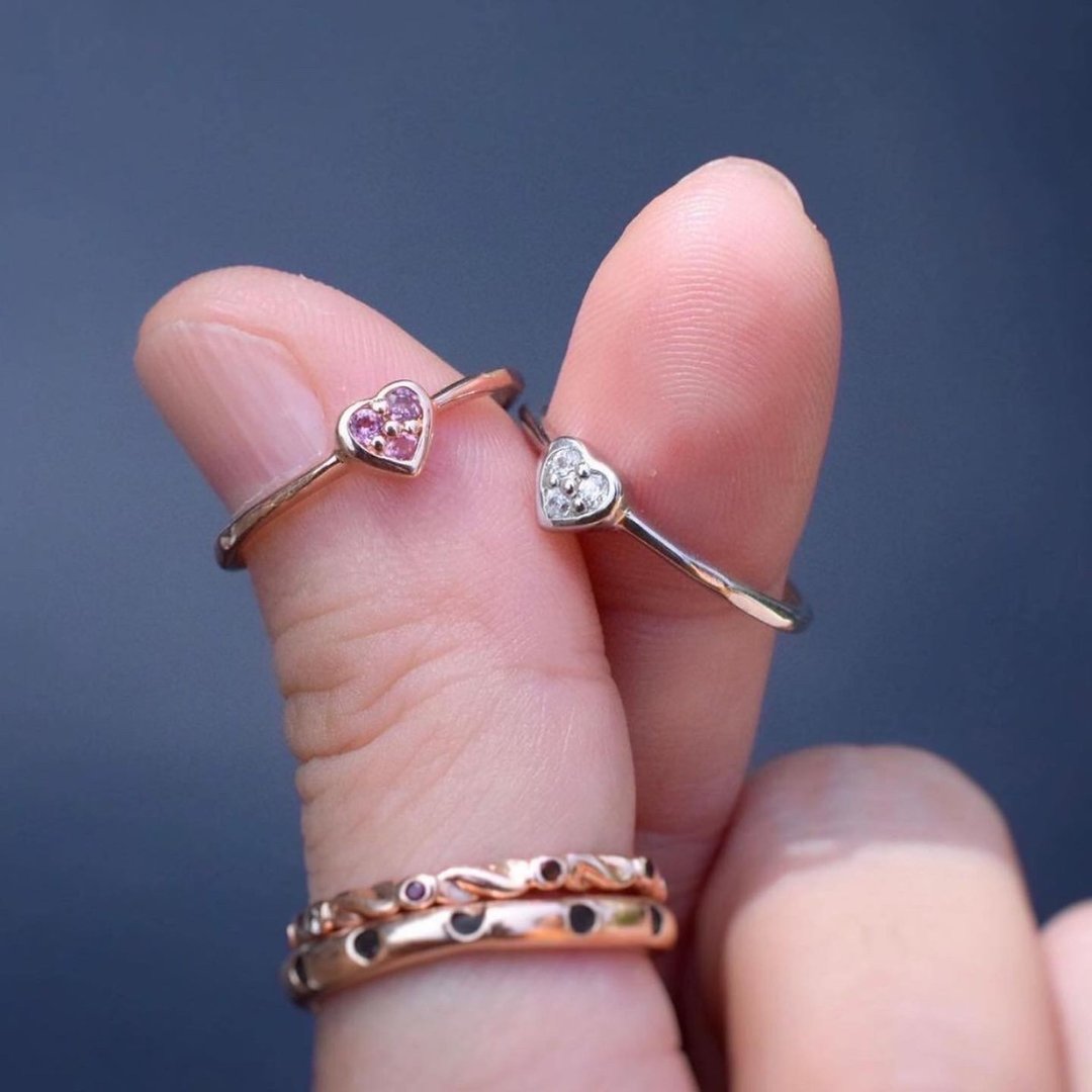 White topaz / Pink tourmaline mini heart ring #minimminiheart - 戒指 - 纯银 