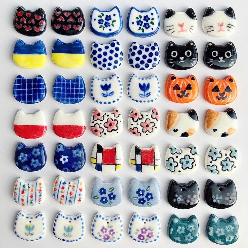 手作猫咪陶瓷耳环 猫咪耳环 (耳针) - 耳环/耳夹 - 瓷 白色