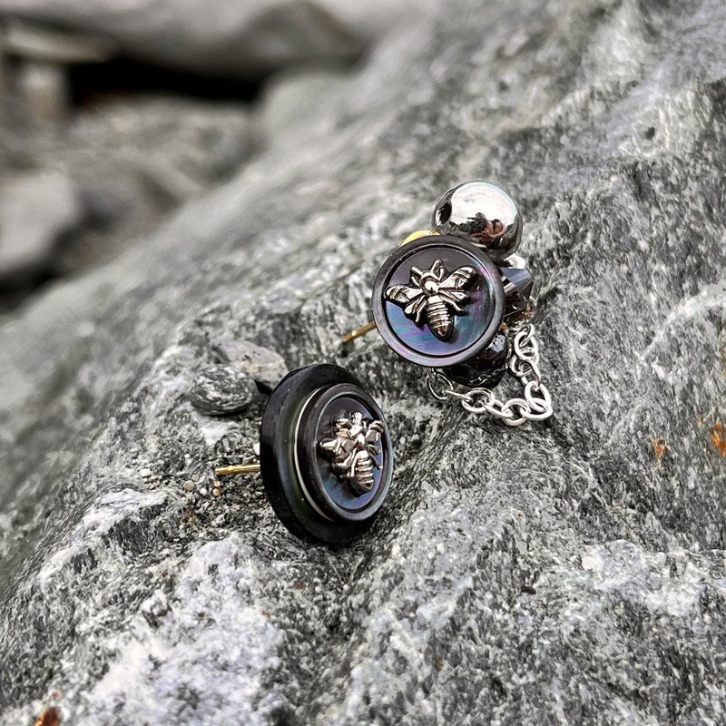 蜂后・黑蝶贝不对称中古重工手工耳环耳钉耳夹复古小众送礼原创 - 耳环/耳夹 - 贝壳 紫色