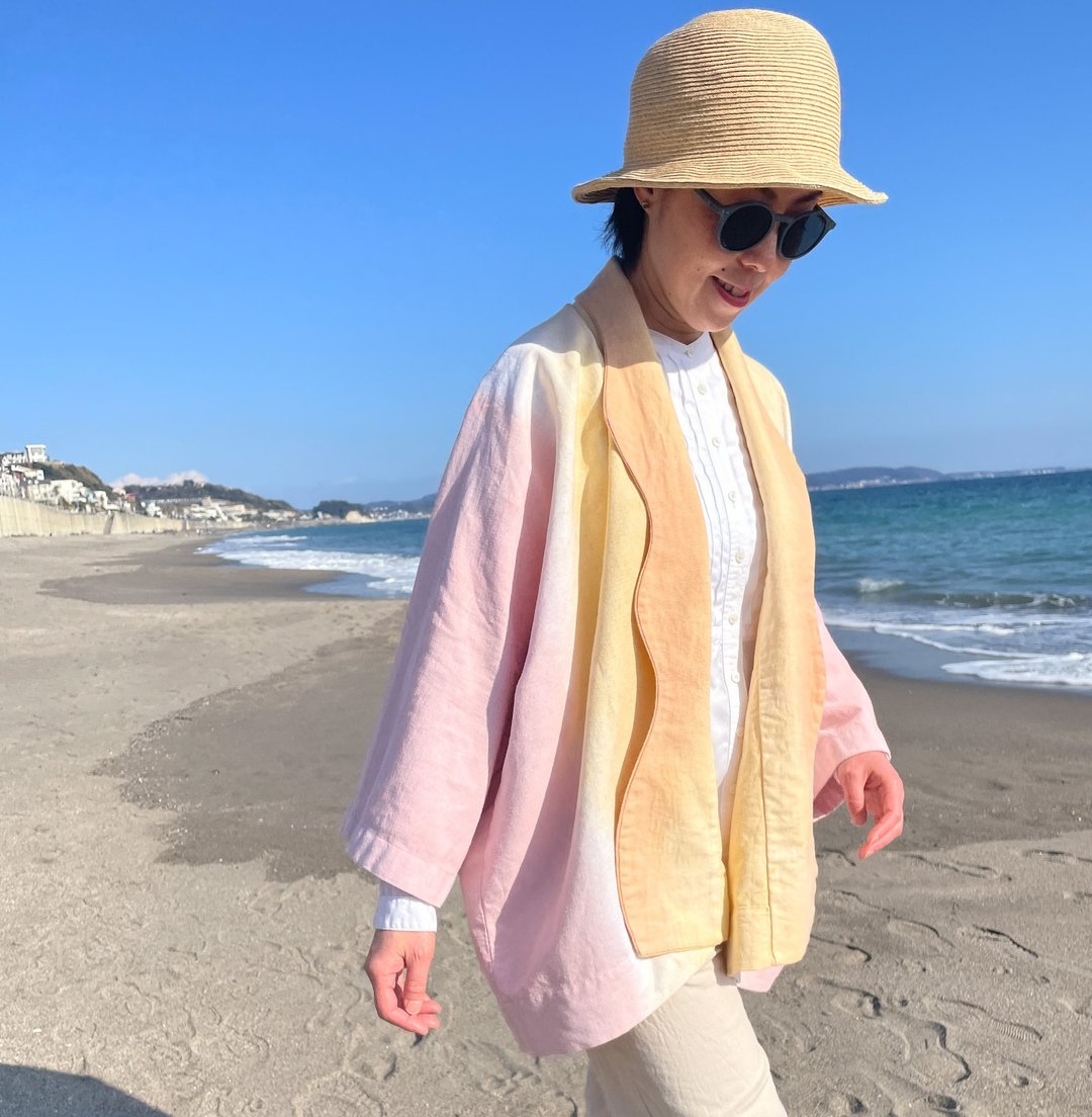 日本制 手染 热带风羽织外套 泥染棉麻 泥染羽织外套 Canon 大地色系 Relax - 女装上衣 - 棉 粉红色
