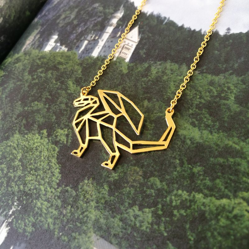 Dragon Necklace gift for fantasy lover, Gold Plated Jewelry, Origami Design - 项链 - 其他金属 金色