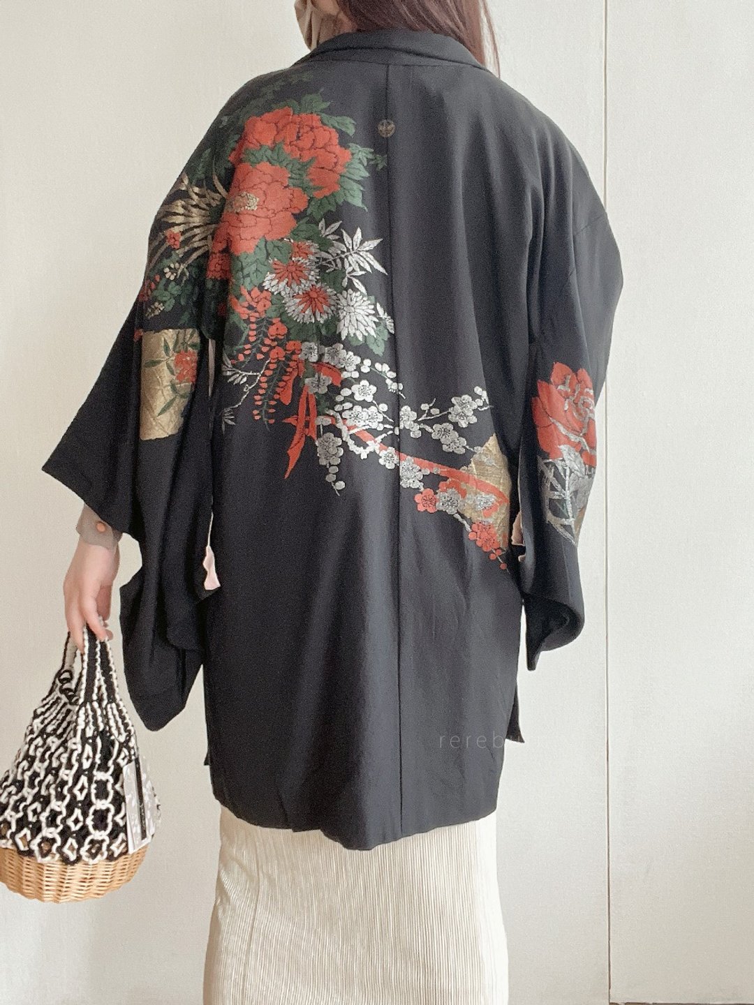 春夏日本制和风印花黑色薄款古着羽织和服外套 - 女装休闲/机能外套 - 聚酯纤维 黑色