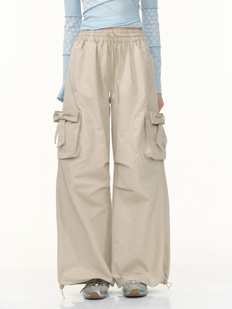 ziziFei新款美式复古高腰显瘦直筒阔腿蝴蝶结卡其色工装休闲裤女 - 女装长裤 - 其他材质 卡其色