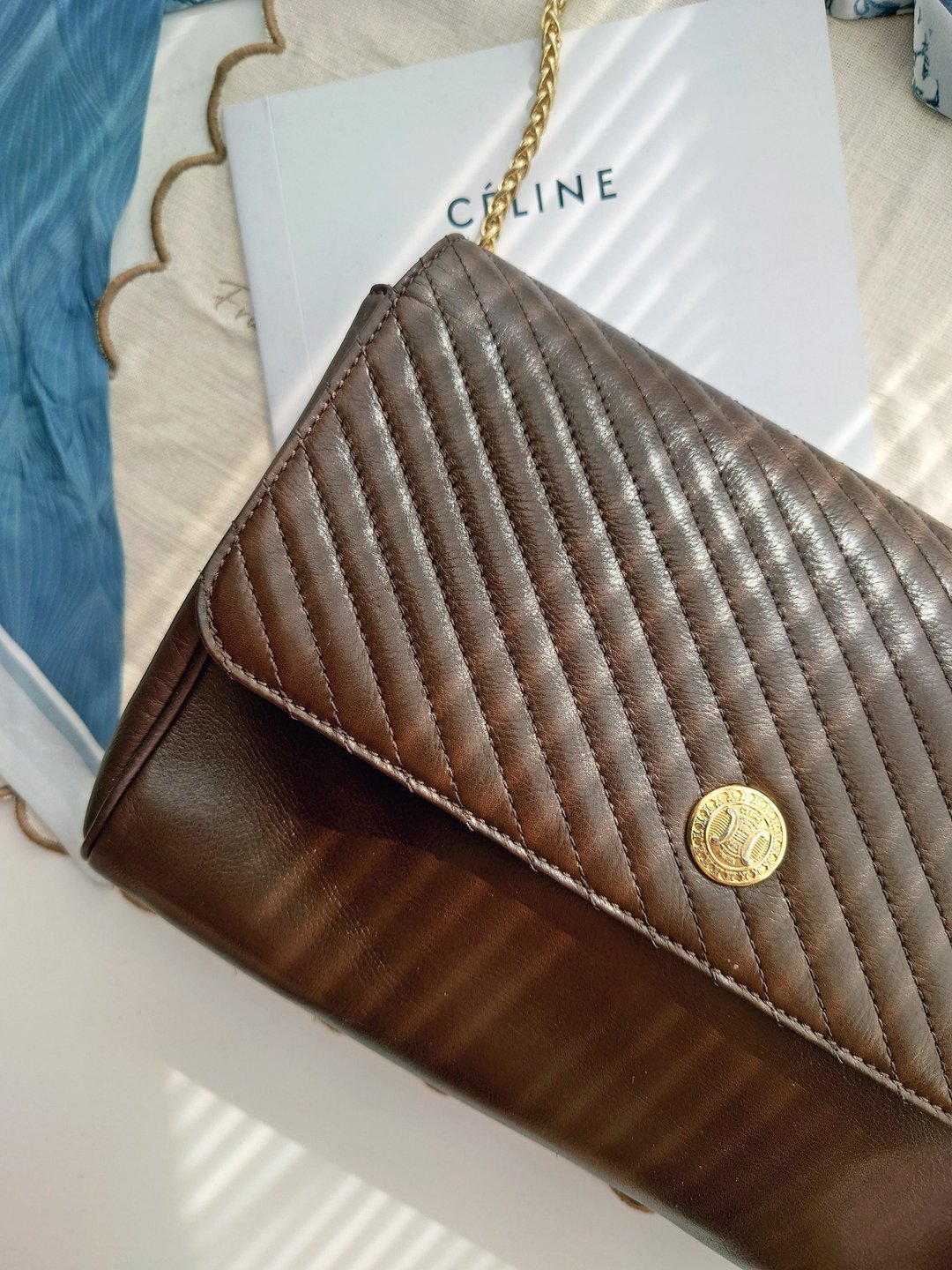 中古包 CELINE 金扣凯旋门晚宴包手拿包链条包斜背包斜挎包单肩包 - 侧背包/斜挎包 - 真皮 咖啡色
