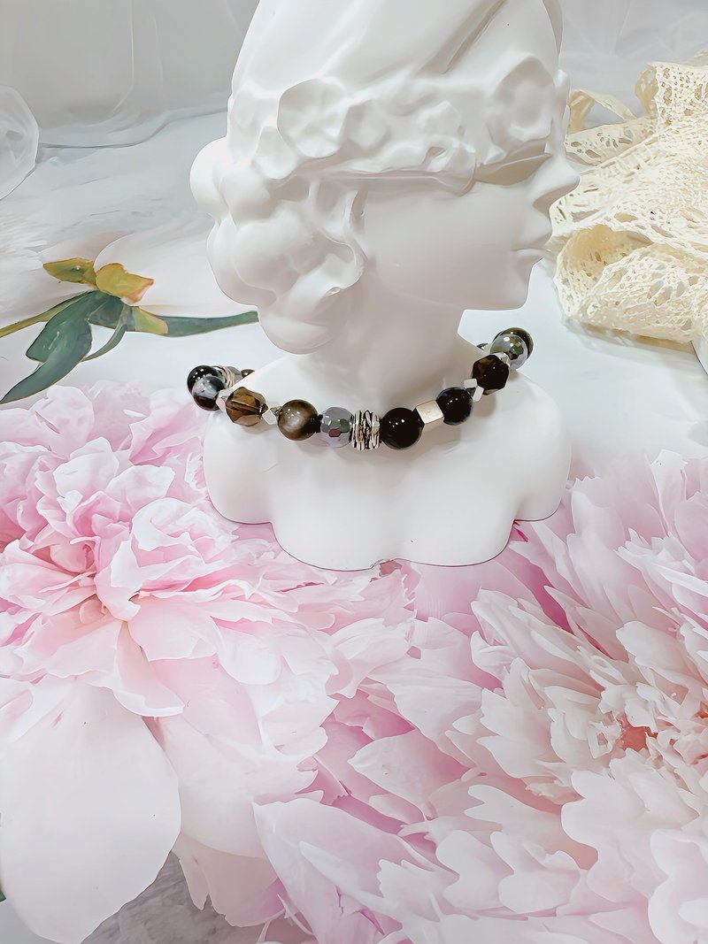 蓝幽灵 蓝虎眼 银曜石 钻切茶晶 钛赫兹 925银饰 熊熊为活动款 - 手链/手环 - 宝石 黑色