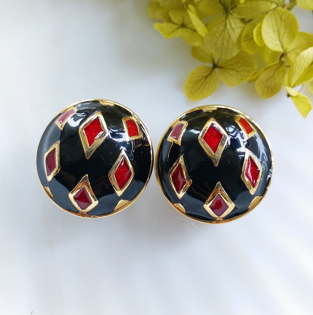 Vintage Jewelry 西洋古董饰品 几何 黑底摩登珐琅  夹式耳环 - 耳环/耳夹 - 其他金属 金色